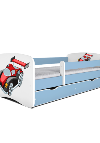 Babydreams juniorseng med racerbil, m. madras, sengehest, skuffe - hvid og bl laminat (140x70)