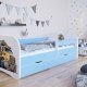 Babydreams juniorseng med lastbil, m. madras, sengehest, skuffe - hvid og bl laminat (140x70)