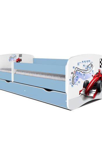 Babydreams juniorseng med racerbil, m. madras, sengehest, skuffe - hvid og bl laminat (140x70)