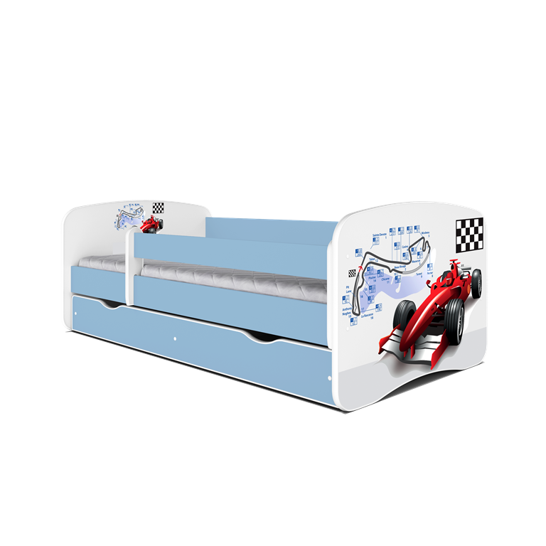 Babydreams juniorseng med racerbil, m. madras, sengehest, skuffe - hvid og bl laminat (140x70)
