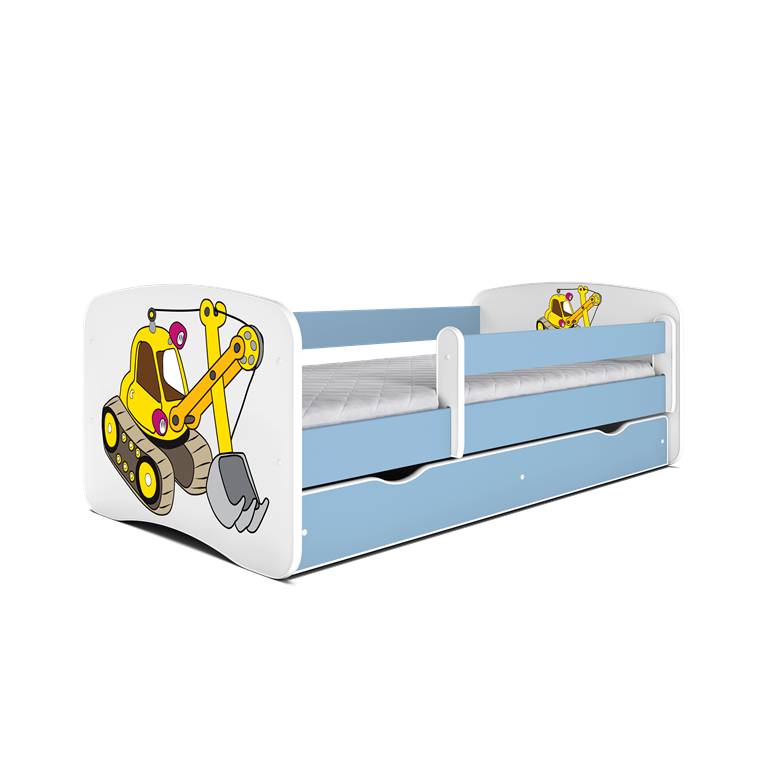 Babydreams juniorseng med gravemaskine, m. madras, sengehest, skuffe - hvid og bl laminat (140x70)