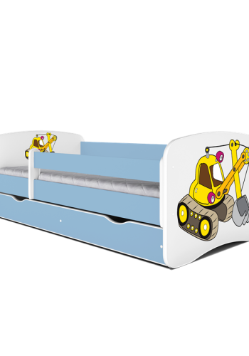Babydreams juniorseng med gravemaskine, m. madras, sengehest, skuffe - hvid og bl laminat (140x70)