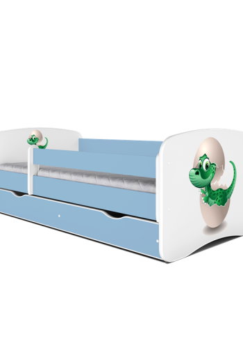Babydreams juniorseng med lille dino, m. madras, sengehest, skuffe - hvid og bl laminat (140x70)