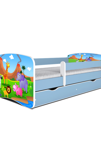 Babydreams juniorseng med safari dyr, m. madras, sengehest, skuffe - hvid og bl laminat (140x70)