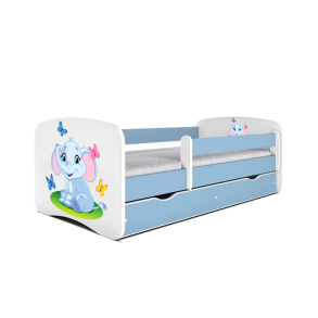 Babydreams juniorseng med elefant, m. madras, sengehest, skuffe - hvid og bl laminat (140x70)
