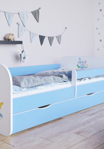 Babydreams juniorseng med elefant, m. madras, sengehest, skuffe - hvid og bl laminat (140x70)