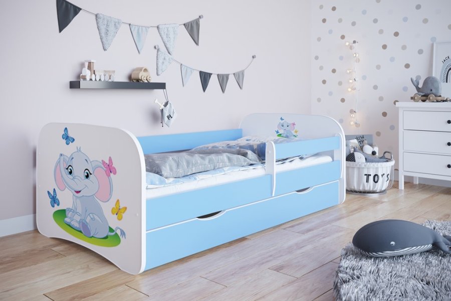 Babydreams juniorseng med elefant, m. madras, sengehest, skuffe - hvid og bl laminat (140x70)