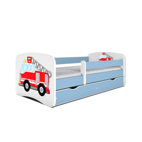 Babydreams juniorseng med brandbil, m. madras, sengehest, skuffe - hvid og bl laminat (140x70)