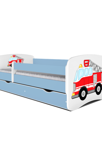 Babydreams juniorseng med brandbil, m. madras, sengehest, skuffe - hvid og bl laminat (140x70)