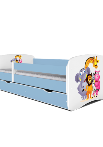 Babydreams juniorseng med Zoo dyr, m. madras, sengehest, skuffe - hvid og bl laminat (140x70)