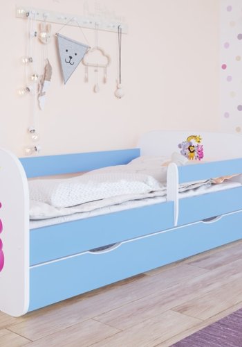 Babydreams juniorseng med Zoo dyr, m. madras, sengehest, skuffe - hvid og bl laminat (140x70)