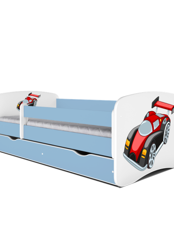 Babydreams juniorseng med racerbil, m. madras, sengehest, skuffe - hvid og bl laminat (160x80)