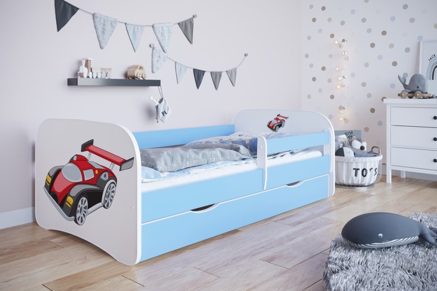 Babydreams juniorseng med racerbil, m. madras, sengehest, skuffe - hvid og bl laminat (160x80)