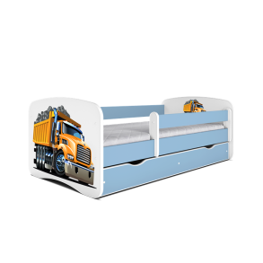 Babydreams juniorseng med lastbil, m. madras, sengehest, skuffe - hvid og bl laminat (160x80)