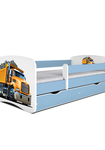 Babydreams juniorseng med lastbil, m. madras, sengehest, skuffe - hvid og bl laminat (160x80)