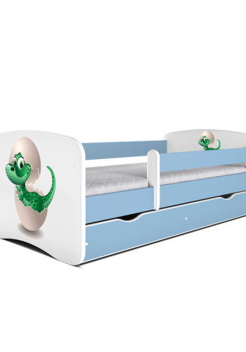 Babydreams juniorseng med lille dino, m. madras, sengehest, skuffe - hvid og bl laminat (160x80)