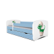 Babydreams juniorseng med lille dino, m. madras, sengehest, skuffe - hvid og bl laminat (160x80)