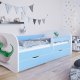 Babydreams juniorseng med lille dino, m. madras, sengehest, skuffe - hvid og bl laminat (160x80)