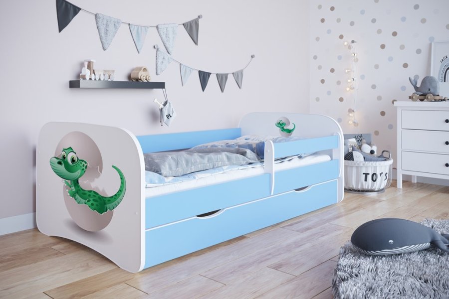 Babydreams juniorseng med lille dino, m. madras, sengehest, skuffe - hvid og bl laminat (160x80)