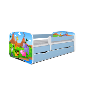 Babydreams juniorseng med safari dyr, m. madras, sengehest, skuffe - hvid og bl laminat (160x80)