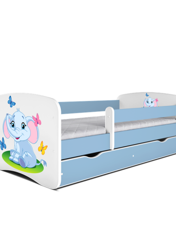 Babydreams juniorseng med elefant, m. madras, sengehest, skuffe - hvid og bl laminat (160x80)