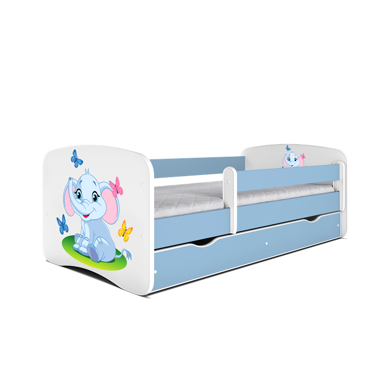 Babydreams juniorseng med elefant, m. madras, sengehest, skuffe - hvid og bl laminat (160x80)