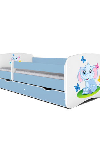 Babydreams juniorseng med elefant, m. madras, sengehest, skuffe - hvid og bl laminat (160x80)