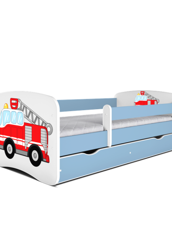 Babydreams juniorseng med brandbil, m. madras, sengehest, skuffe - hvid og bl laminat (160x80)