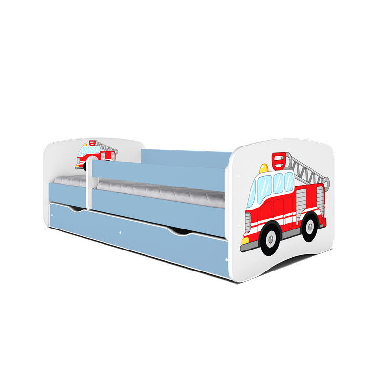 Babydreams juniorseng med brandbil, m. madras, sengehest, skuffe - hvid og bl laminat (160x80)