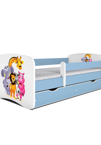 Babydreams juniorseng med Zoo dyr, m. madras, sengehest, skuffe - hvid og bl laminat (160x80)