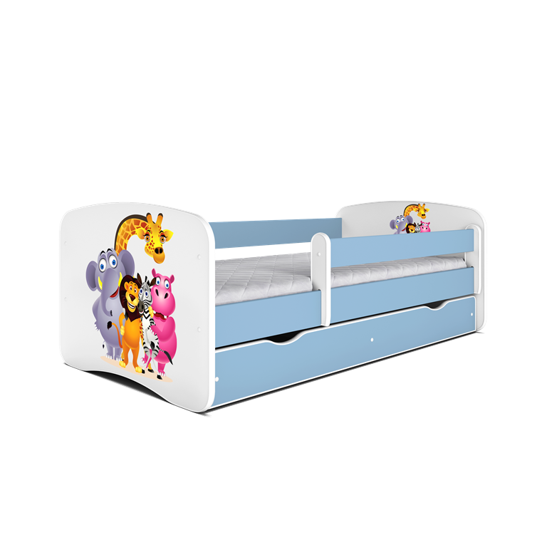 Babydreams juniorseng med Zoo dyr, m. madras, sengehest, skuffe - hvid og bl laminat (160x80)