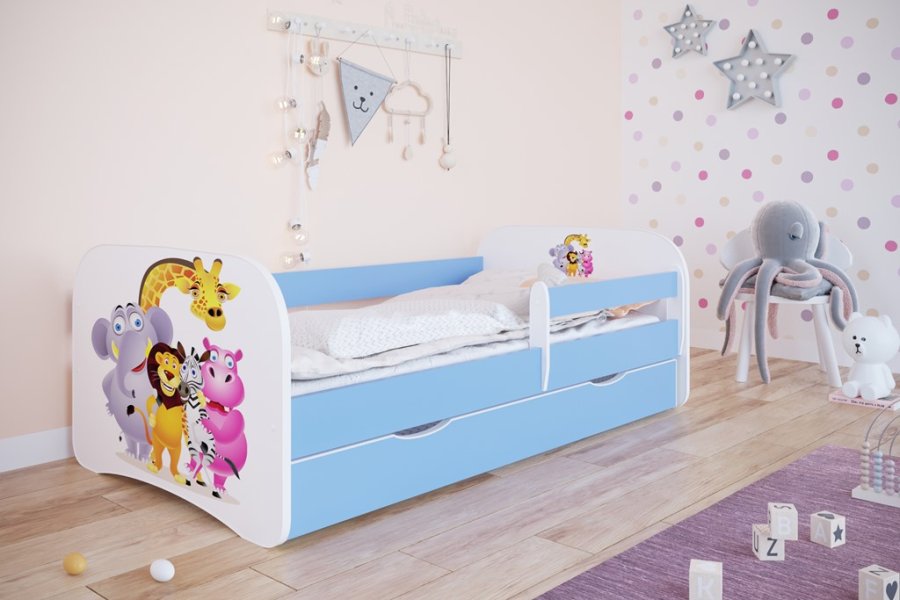 Babydreams juniorseng med Zoo dyr, m. madras, sengehest, skuffe - hvid og bl laminat (160x80)