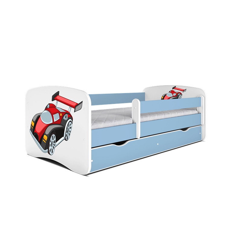Babydreams juniorseng med racerbil, m. madras, sengehest, skuffe - hvid og bl laminat (180x80)