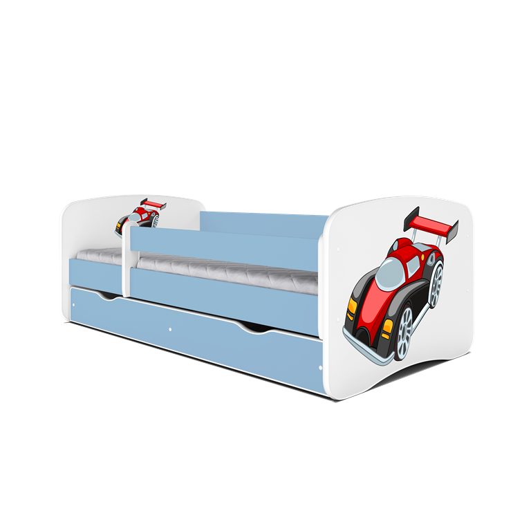 Babydreams juniorseng med racerbil, m. madras, sengehest, skuffe - hvid og bl laminat (180x80)