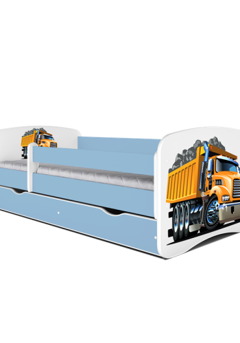 Babydreams juniorseng med lastbil, m. madras, sengehest, skuffe - hvid og bl laminat (180x80)
