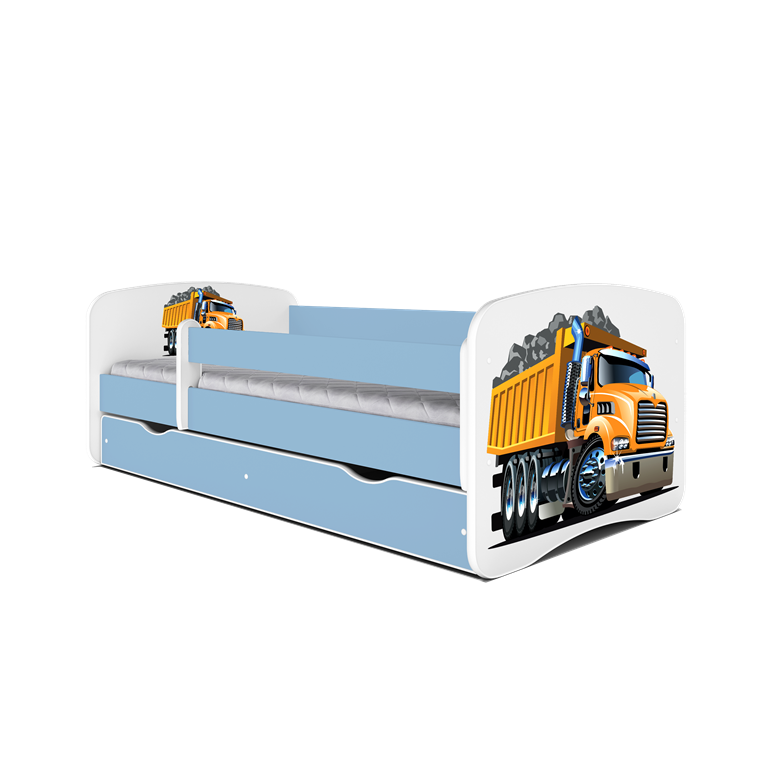 Babydreams juniorseng med lastbil, m. madras, sengehest, skuffe - hvid og bl laminat (180x80)