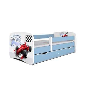 Babydreams juniorseng med racerbil, m. madras, sengehest, skuffe - hvid og bl laminat (180x80)
