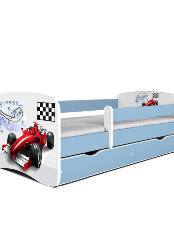 Babydreams juniorseng med racerbil, m. madras, sengehest, skuffe - hvid og bl laminat (180x80)