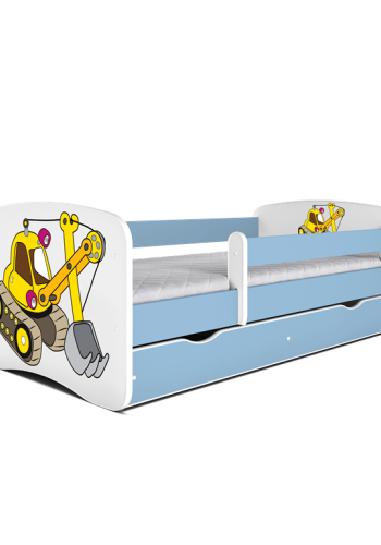 Babydreams juniorseng med gravemaskine, m. madras, sengehest, skuffe - hvid og bl laminat (180x80)