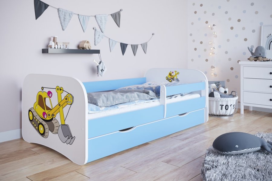 Babydreams juniorseng med gravemaskine, m. madras, sengehest, skuffe - hvid og bl laminat (180x80)