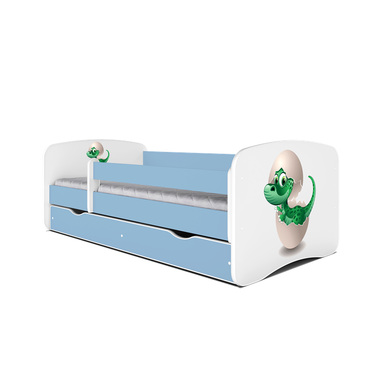 Babydreams juniorseng med lille dino, m. madras, sengehest, skuffe - hvid og bl laminat (180x80)