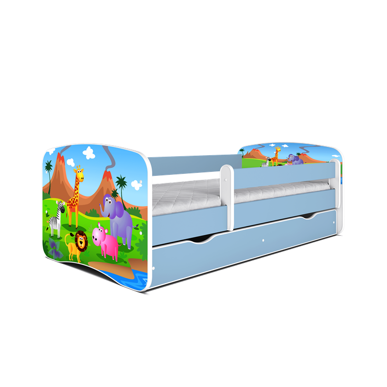 Babydreams juniorseng med safari dyr, m. madras, sengehest, skuffe - hvid og bl laminat (180x80)