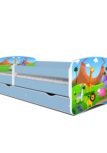 Babydreams juniorseng med safari dyr, m. madras, sengehest, skuffe - hvid og bl laminat (180x80)