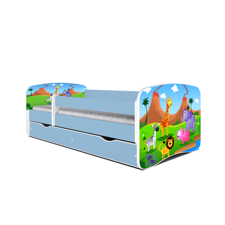 Babydreams juniorseng med safari dyr, m. madras, sengehest, skuffe - hvid og bl laminat (180x80)