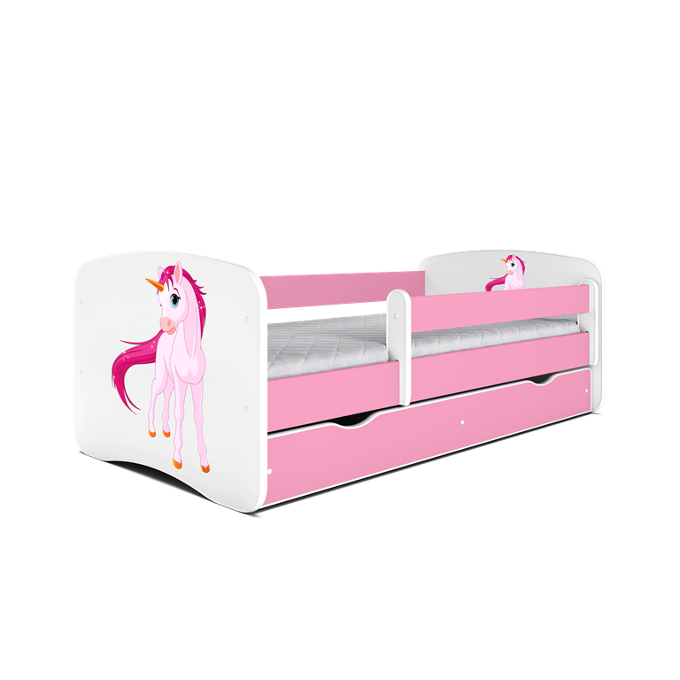 Babydreams juniorseng m. enhjrning, m. madras, sengehest, skuffe - hvid og lyserd laminat (140x70)