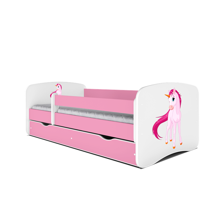 Babydreams juniorseng m. enhjrning, m. madras, sengehest, skuffe - hvid og lyserd laminat (140x70)