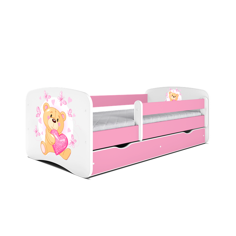 Babydreams juniorseng bamse/sommerfugle, m madras, sengehest, skuffe - hvid/lyserd laminat (140x70)