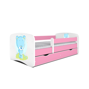 Babydreams juniorseng med bl bamse, m. madras, sengehest, skuffe - hvid og lyserd laminat (140x70)