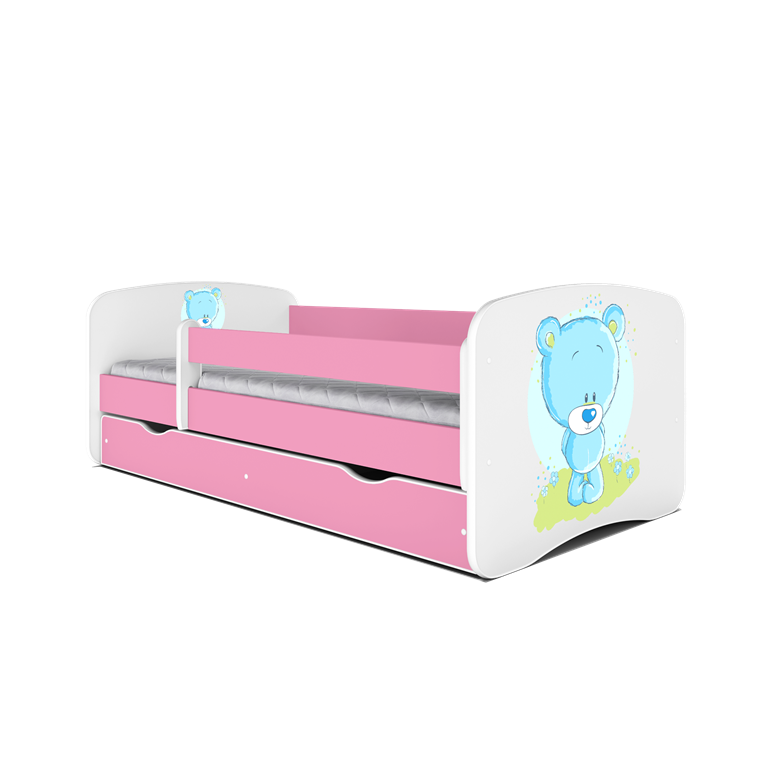 Babydreams juniorseng med bl bamse, m. madras, sengehest, skuffe - hvid og lyserd laminat (140x70)