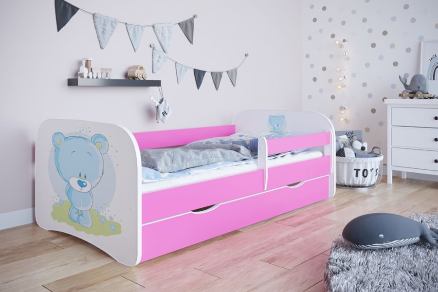 Babydreams juniorseng med bl bamse, m. madras, sengehest, skuffe - hvid og lyserd laminat (140x70)